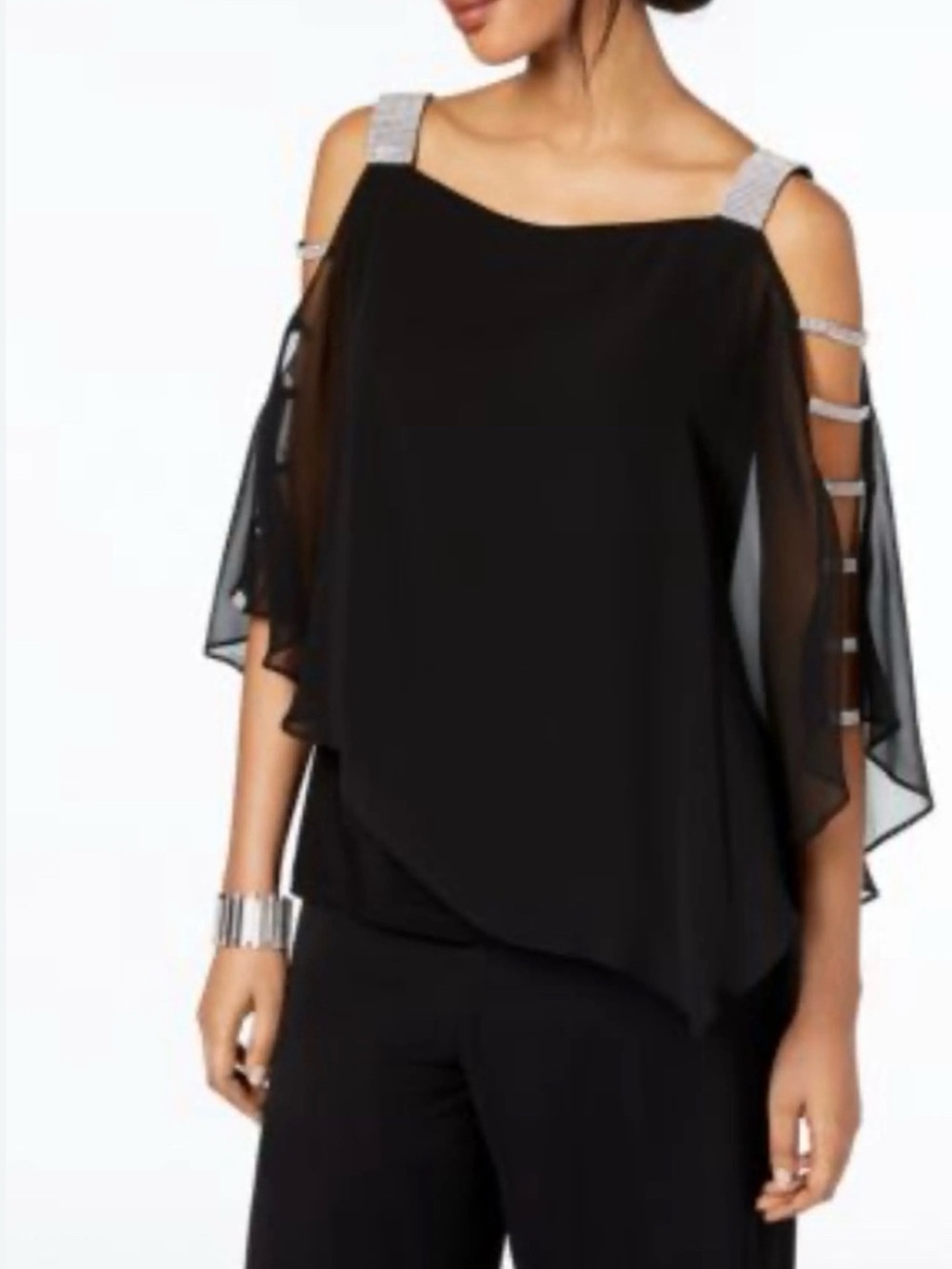 MSK Black Cold-Shoulder Blouse with Embellished Straps